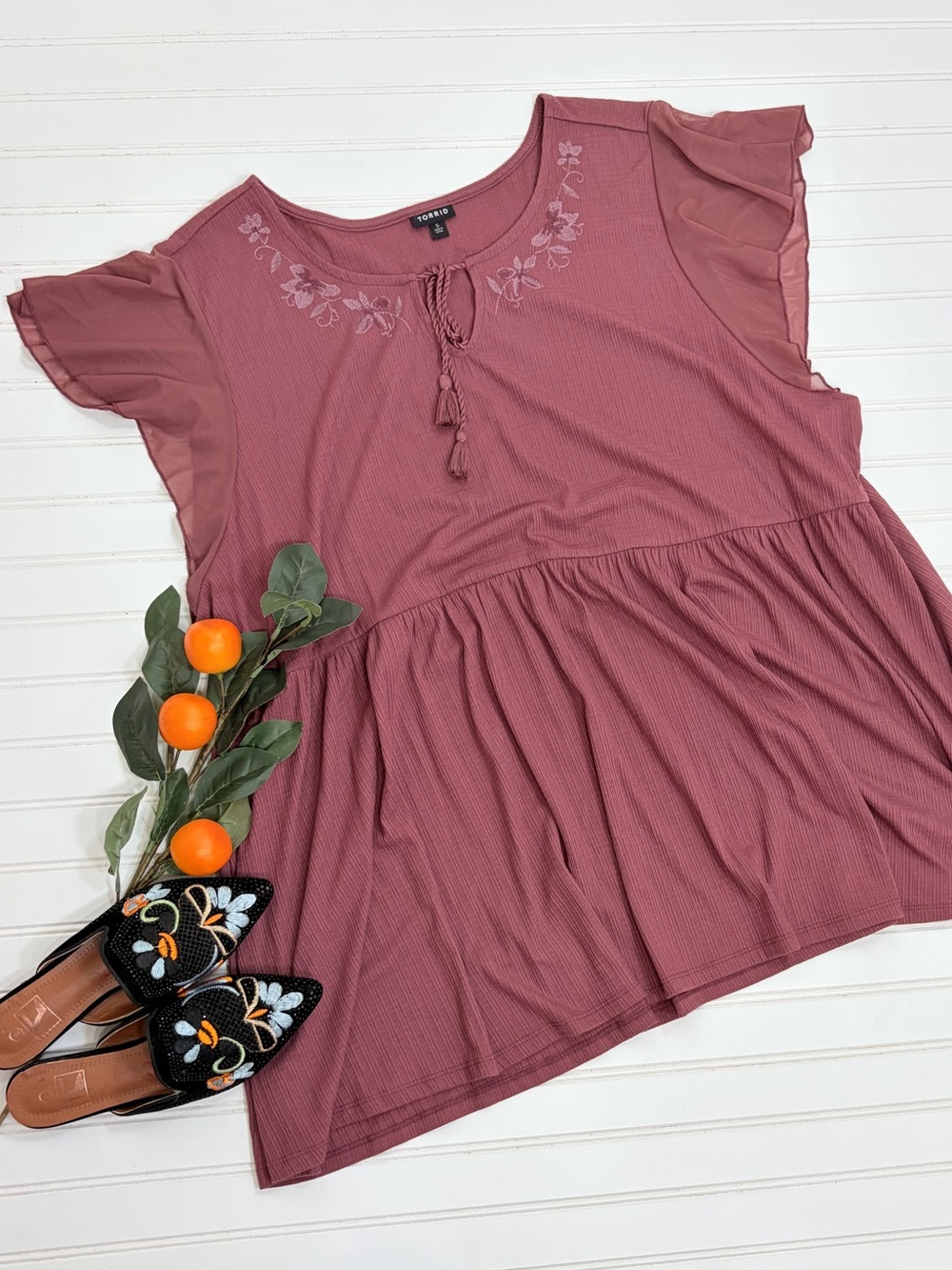 TORRID Embroidered Flutter Sleeve Keyhole Babydoll Top